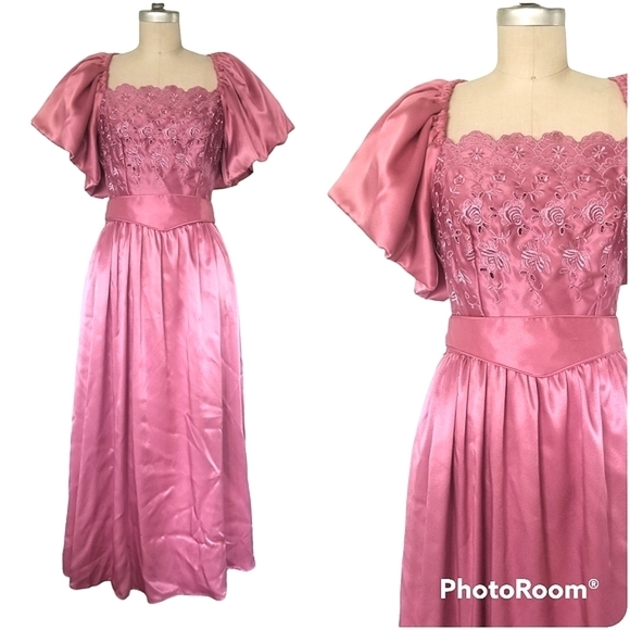 Vintage Union Made 80s Puff Sleeve Satin Pink Embrodiered Floral Midi Dress - Picture 1 of 16